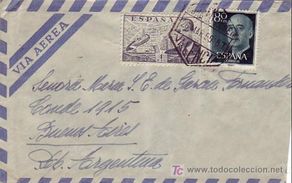 Timbres: 4 PTS DE LA CIERVA Y GENERAL FRANCO EN CARTA CIRCULADA POR CORREO AEREO 1955 VALENCIA-ARGENTINA. MPM